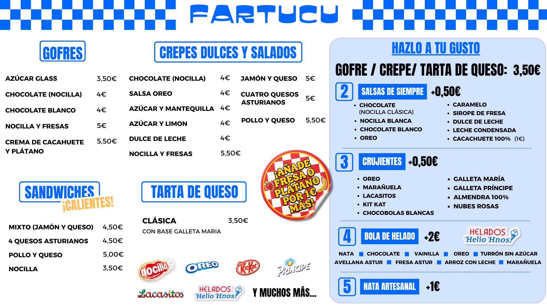 Carta de FARTUCU con precios: gofres, crêpes dulces y salados, sándwiches calientes, tartas de queso y opción Hazlo A Tu Gusto. Gofrería y crepería en Luanco, Asturias