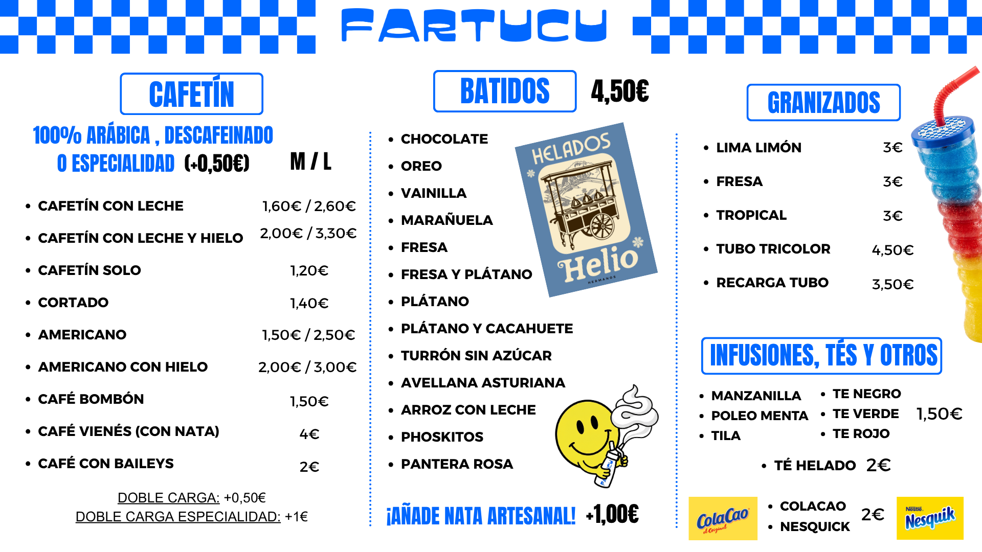 Carta de FARTUCU con precios: cafetería, batidos, granizados, infusiones y tés. Cafetería en Luanco, Asturias